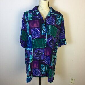 Vintage IMPRESSIONS Button Up Shirt Blouse Size XL Womans Patchwork Short Sleeve